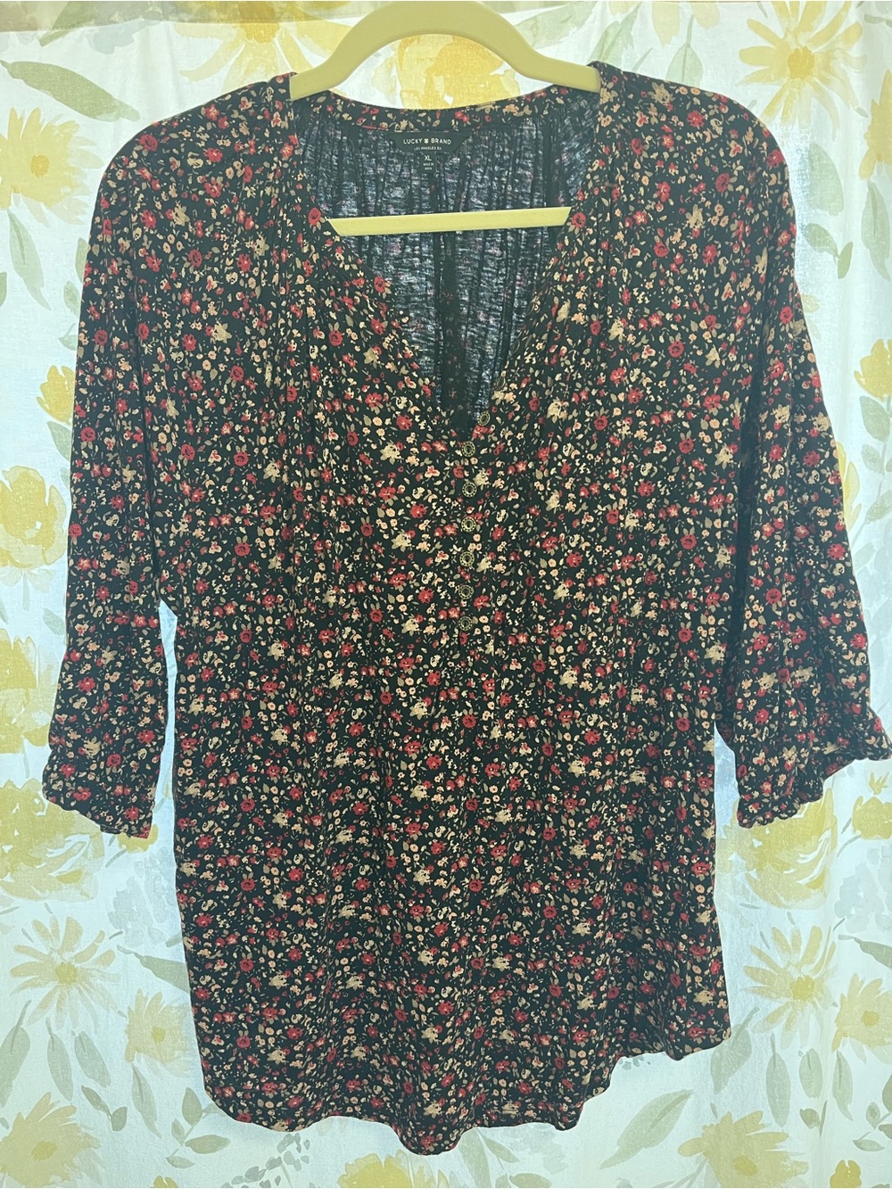 Lucky Brand Black Floral V-Neck Peasant Blouse with Red and Cream Flowers